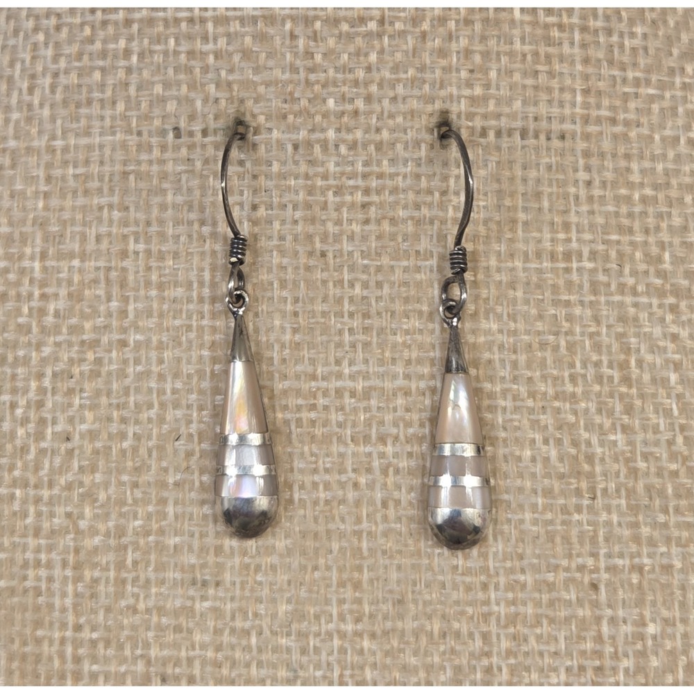 Vintage Sterling‎ Silver Mother Of Pearl Teardrop Earrings Signed